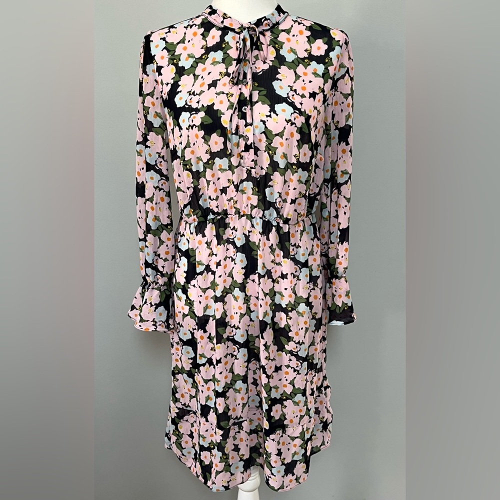J. Crew Mercantile Pink Floral Bell Sleeve Drapery Tie‎ Front Sheer Dress Size S
